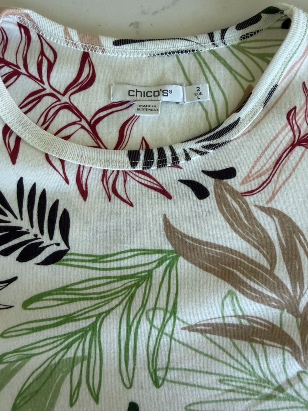 Chico's White Short Sleeve Pima Tee with Green, Black, Red and Tan Leaf Motif